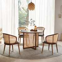 Ensemble de table à manger ronde en bois massif, chaise de salle à manger avec dossier en rotin, coussin en PU, meubles de salle à manger