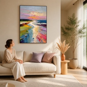 Dipinto a Olio Astratto Personalizzato su Tela, Tramonto sulla Costa Rosa Viola Blu, Arte Murale a Impasto per Soggiorno e Arredamento Casa - Product Image 2