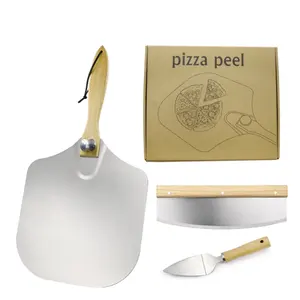 Set Alat Sekop Pizza, Solet Kulit Pizza dengan Pegangan Kayu Dapat Dilipat, Pemotong Pizza dan Sekop