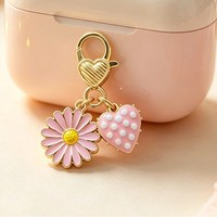Porte-clés à fermoir mousqueton texturé en forme de cœur, double breloque en émail marguerite et cœur à pois, pendentif mignon pour sac et téléphone