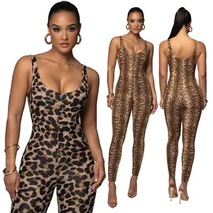 Yeni Trendy Leopard leopar baskı dalan yaka daracık Bodysuit yaz kadın ince tulumlar pantolon