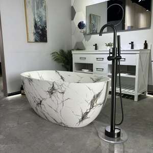 Bañera de superficie sólida independiente con textura de mármol de lujo de fábrica de China bañera de remojo de piedra Artificial para Hotel - Product Image 6