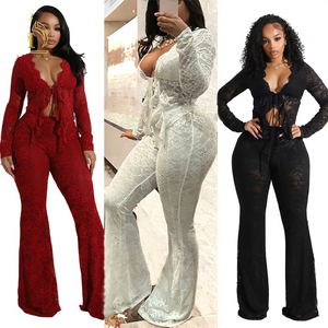 <b>Sexy</b> Women's Lace Solid Vintage Knitting Casual Y2K 2 Piece <b>Set</b> Full Length Top Long Pants Notched Collar Eco-Friendly - Product Image 3