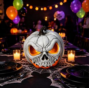 Décoration d'extérieur d'Halloween imperméable et durable : Statue lumineuse effrayante en résine blanche en forme de tête de citrouille Jack-o'-Lantern pour <span class=keywords><strong>maison</strong></span> <span class=keywords><strong>hantée</strong></span> - Product Image 1