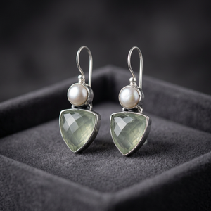 R Art Palace 925 <b>Silver</b> <b>Drop</b> <b>Earrings</b> with Freshwater Pearl and Green Gemstone Hiphop Style for Women Anniversary <b>Silver</b> Plated - Product Image 2