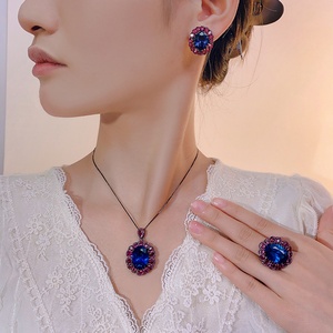 Fashion Eco-friendly Copper Bridal Set Jewelry 13*18-10*12mm Blue Zircon Black Gold Vintage Necklace <b>Earrings</b> Ring Set - Product Image 5