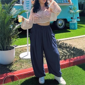 Y2K Wide Leg Pants Women's <strong>Linen</strong> Cotton Blend Elastic High Waist Wide Leg Pants Ruched Ankle Tie Casual <strong>Trousers</strong> - Product Image 3