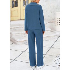 FOXA Womens Winter Sweater <b>Set</b> Long Sleeve Quarter Zip Wide Leg Pants <b>Knitted</b> Tracksuit Fall Outfits - Product Image 2