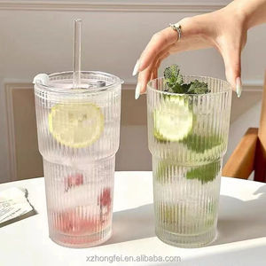 Vaso de Vidrio Hongfei de 600 ml de Gran Capacidad, con Rayas, Resistente a Altas Temperaturas, Tapa Transparente, Pajita, para Café, Jugo, Personalizable - Product Image 2
