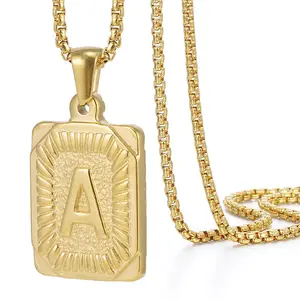 Initial A-Z Letter Pendant Necklace Mens Womens Capital Letter Yellow Gold Plated Stainless Steel Box Chain