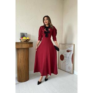 Robe de soirée élégante bordeaux coupe trapèze avec nœud décoratif, col en V, en satin, longue, taille naturelle, ajustement confortable - Product Image 4