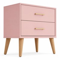 Table de chevet rose poudré à 2 tiroirs avec poignée dorée, style scandinave féminin, pieds coniques en chêne, rangement minimaliste pour chambre à coucher