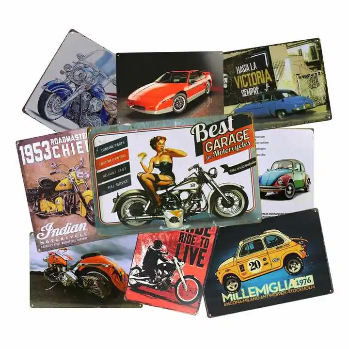 Venta al por mayor de impresión personalizada en blanco de la motocicleta en relieve decoración de la pared Retro Vintage Signs Metal Tin Sign Car