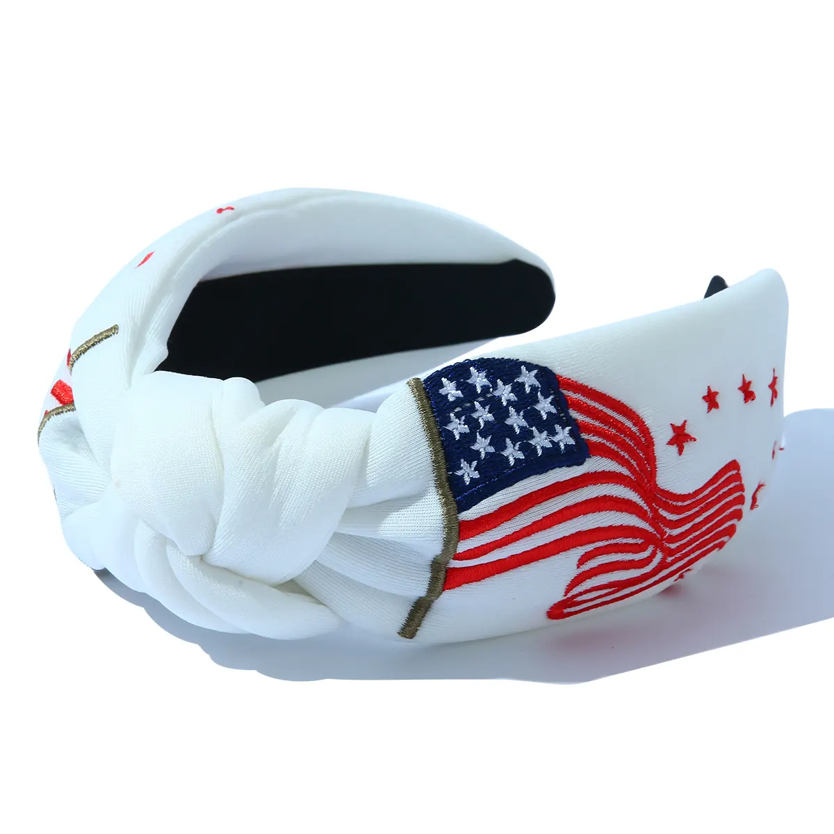 कस्टम सफेद अमेरिकी ध्वज कढ़ाई नॉटेड वाइड हेडबैंड फैशन हॉलिडे हेयरबैंड स्वतंत्रता दिवस बाल सहायक उपकरण