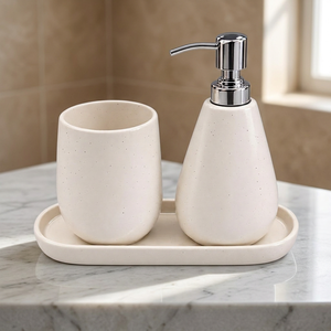 Ensemble de salle de bain minimaliste en céramique avec distributeur de savon et plateau ovale, facile à nettoyer - Product Image 3