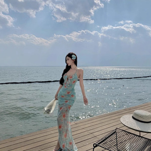 Floral Fitted High Slit Dress Deep V Neck Tight Waist Blue And Black Polyester Beach Cover Up One Piece YX 8138 - Product Image 3