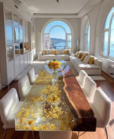 Ensemble de table à manger design moderne en époxy, écologique, hauteur réglable, finition noyer, pour la maison, l'hôtel, avec un thème de rivière exquis