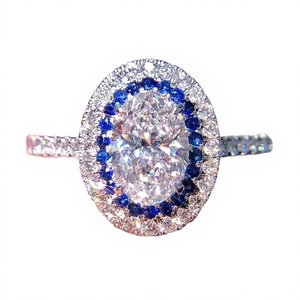 Bague de fiançailles en or blanc avec halo de saphirs et diamant naturel de couleur D taille ovale F1778 pour femme - Product Image 2