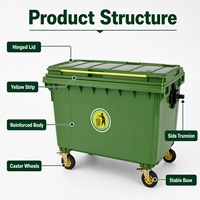 Conteneur à déchets extérieur en plastique robuste de 1100 L avec couvercles, 4 roues, écologique, pour approvisionnement en gros