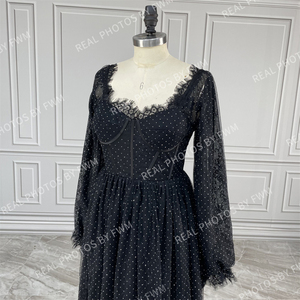 15199 # Echte Fotos Schwarz schimmernde Pailletten Spitze lange geschwollene Ärmel Split Front Hochzeits feier Abendkleid für Frauen Ballkleid - Product Image 3