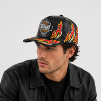 Casquette de baseball en cuir PU avec broderie flamme, casquette de motard, casquette snapback 5 panneaux avec logo personnalisé pour homme, streetwear