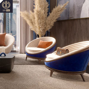 Silla decorativa azul de terciopelo de lujo, diseño Redondo, patas de madera, cojín crema, sala de estar silla para, estudio, decoración moderna para el hogar, gran oferta - Product Image 2