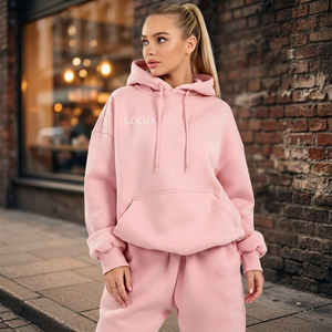 Conjunto Deportivo de Sudadera con Capucha Rosa para Mujer, Manga Larga, Color Sólido, Pantalones Jogger Casuales de Corte Holgado, Poliéster/Algodón 2 en 1 Estampado - Product Image 5