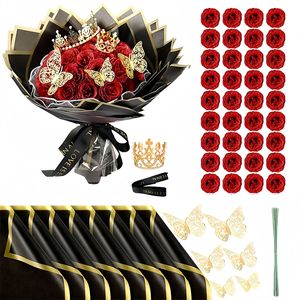 Ramo de Rosas de Polvo de <span class=keywords><strong>Oro</strong></span> Chino, Superventas Transfronterizo, Flor Eterna, Regalo de Aniversario, Hecho a Mano, DIY, Ramo de Corona de Mariposas 3D - Product Image 1