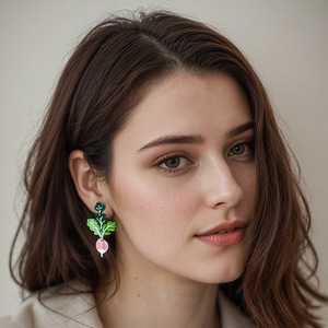 Nouvelles boucles d'oreilles Cenda faites à la main, en acrylique, avec feuilles de <span class=keywords><strong>lupin</strong></span> vertes, carottes roses, fruits mignons et radis, serties en clos - Product Image 2