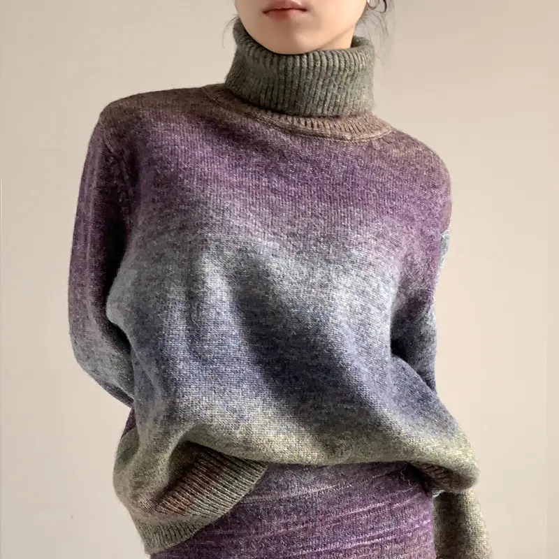 Imbrattante maglieria produttore di filati personalizzati con collo lungo manica lunga maglia corta in lana casual maglia larga da donna maglione di colore sfumato