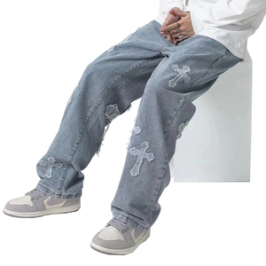 Tuta Casual da <span class=keywords><strong>uomo</strong></span> Jeans in Denim invernale con Logo ricamato a metà vita Design Patchwork traspirante e lavato - Product Image 4
