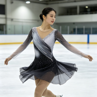 Robe de patinage artistique à paillettes dégradées, manches longues, dos ouvert, costume de compétition de patinage sur glace