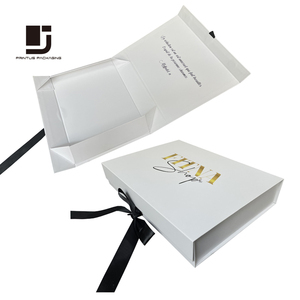 Custom luxury white magnet flap clothing paper box foldable magnetic closure gift boxes with black ribbon