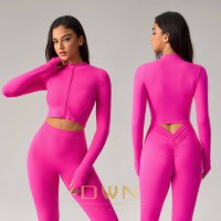 Mujer de manga larga deportes Yoga otoño primavera recortada Top con capucha Slim Fit cintura ceñida transpirable patrón cremallera chaqueta