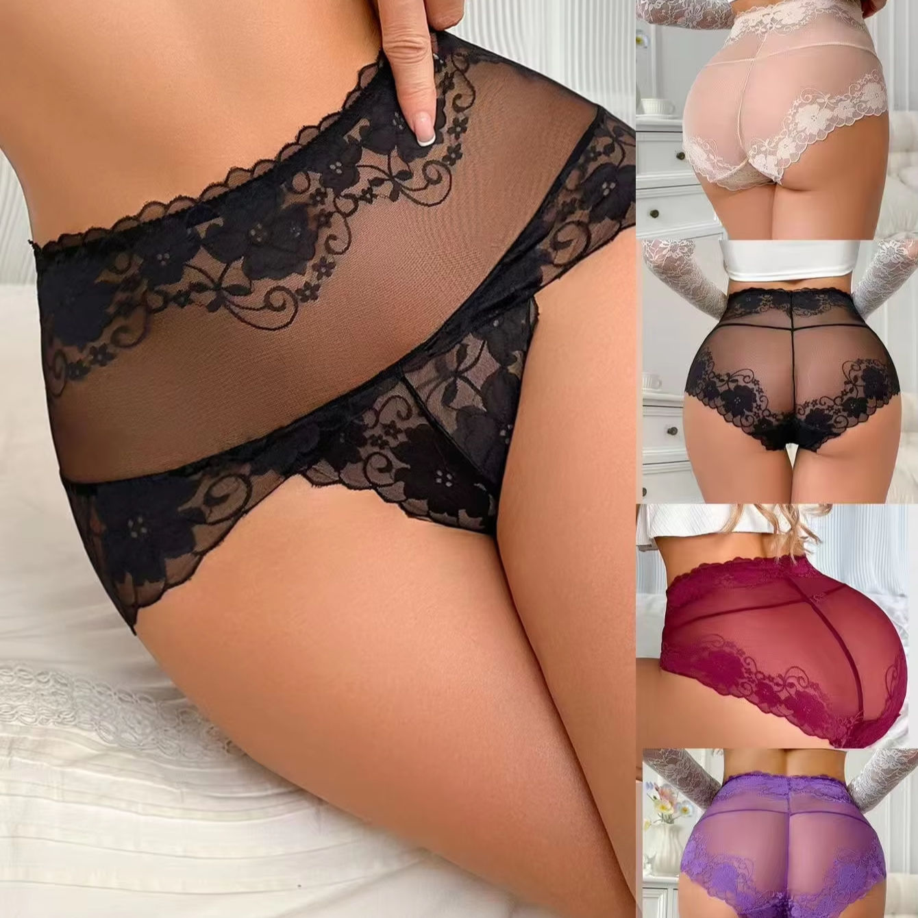 In Stock See through floral High-Waist Underwear Lace Briefs for Women Ladies' Sexy Lace Panties Transparent Nickers for Ladies