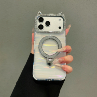 Étui magnétique de luxe avec oreilles de chat et strass pour iPhone 17 16 15 Pro Max, coque antichoc avec béquille, scintillante et mignonne