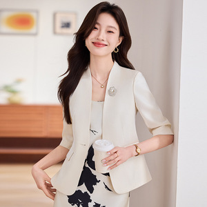 Women's Summer Thin Blazer Champagne Color Three Quarter Sleeve Solid Cotton Breathable Casual Suit Jacket - Product Image 1