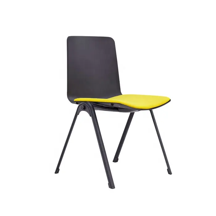 Chaise de salle à manger en plastique, chaise en plastique noire, chaise d'entraînement empilée avec coussin de siège en tissu