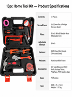 Kit d'outils de 13 pièces avec étui, pinces, tournevis, mètre ruban, marteau, couteau utilitaire pour la réparation à domicile