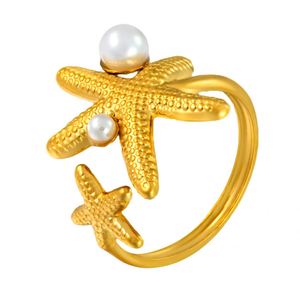 Vente en gros de nouvelles bagues en acier inoxydable plaqué or 18 carats, style vintage, mignonnes, en forme d'étoile de mer, pour femmes - Product Image 6