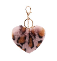 Porte-clés à pompon en forme de cœur avec boule de fourrure et pendentif en peluche