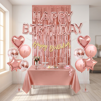 Kit de Décoration Joyeux Anniversaire Or Rose : Ballons, Nappe, Rideau à Franges, Vaisselle de Fête, Toile de Fond Photo