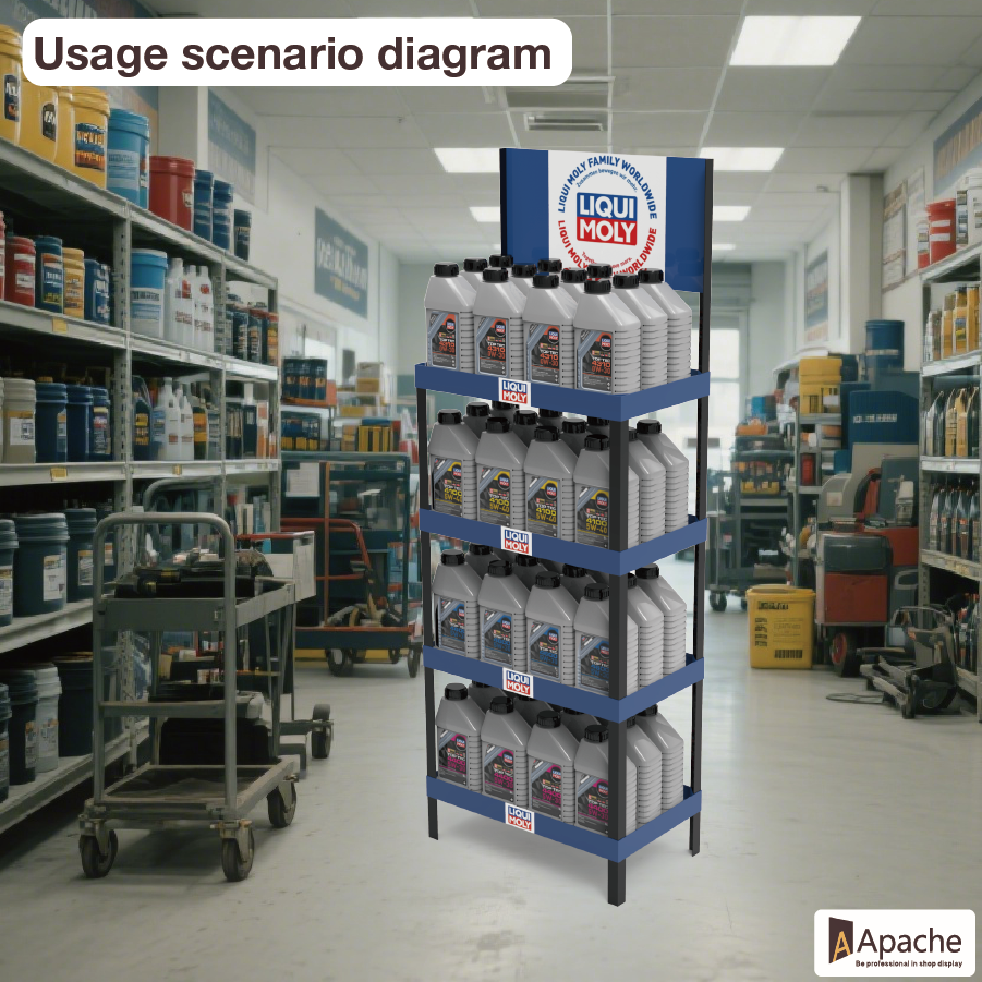 Beviis Custom Light Duty PVC Floor Standing Display Racks for Motor Oil and Car Retail Stores