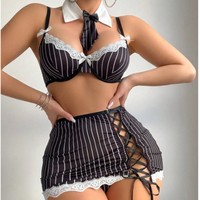 Set Kostum Sekretaris Kantor Lingerie Seksi - Bralette Bergaris, Rok Pinggang Tinggi, Detail Pita, Kain Polyester Dobby, Mendukung ODM