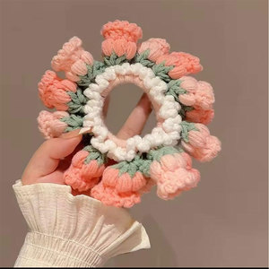 Handmade Crochet <b>Flower</b> Hair Tie Women <b>Sweet</b> Style Elastic Hairband Pink Tulip Bouquet Daily Use Scrunchies - Product Image 1