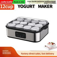 Yaourtière en plastique 12 tasses avec écran LCD et fonction réfrigérateur, pour confiture maison, crème glacée, pouding et petit-déjeuner, modèle transfrontalier