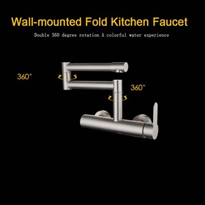 304 acier inoxydable encastré mural Double trou pliant pivotant rotatif robinet d'évier de <span class=keywords><strong>cuisine</strong></span> <span class=keywords><strong>mitigeur</strong></span> d'eau froide et chaude - Product Image 4