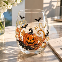 Verre à vin sans pied Halloween, motif citrouille Jack O'Lantern et chauve-souris, en verre transparent, pour fêtes d'automne, cadeau