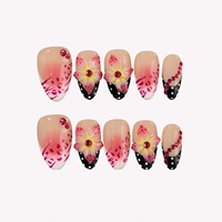 Ongles courts en acrylique en forme d'amande à presser avec motifs 3D fleurs et pois en strass, logo personnalisable pour fêtes et événements