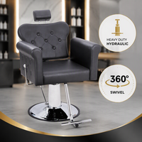 Fauteuil de Barbier Hydraulique Moderne en Cuir PU Noir avec Boutons Capitonnés, Appui-tête Réglable, Base Chromée, Hauteur Ajustable